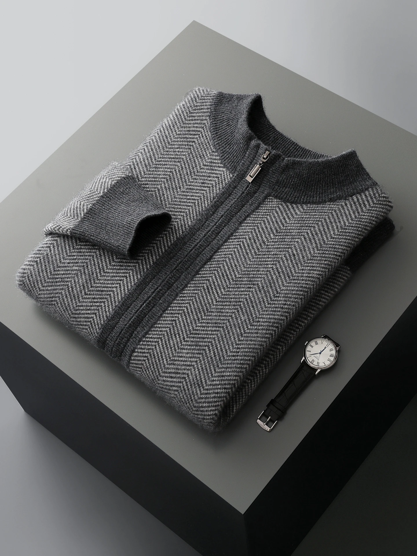 Man 100% Merino Wool Sweater Cardigan Knitted Pants Pencil Trousers Herringbone Color Block Suit Autumn Winter Thick Men's Set