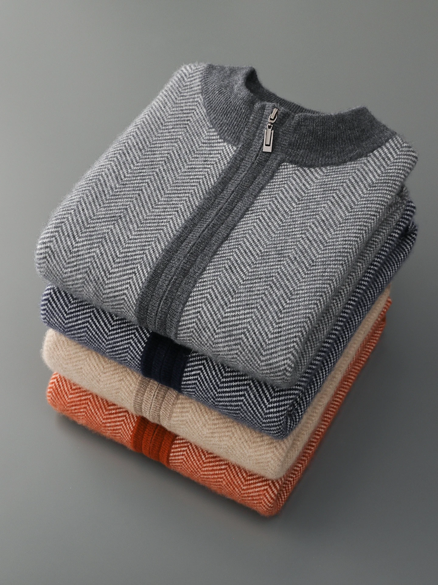 Man 100% Merino Wool Sweater Cardigan Knitted Pants Pencil Trousers Herringbone Color Block Suit Autumn Winter Thick Men's Set