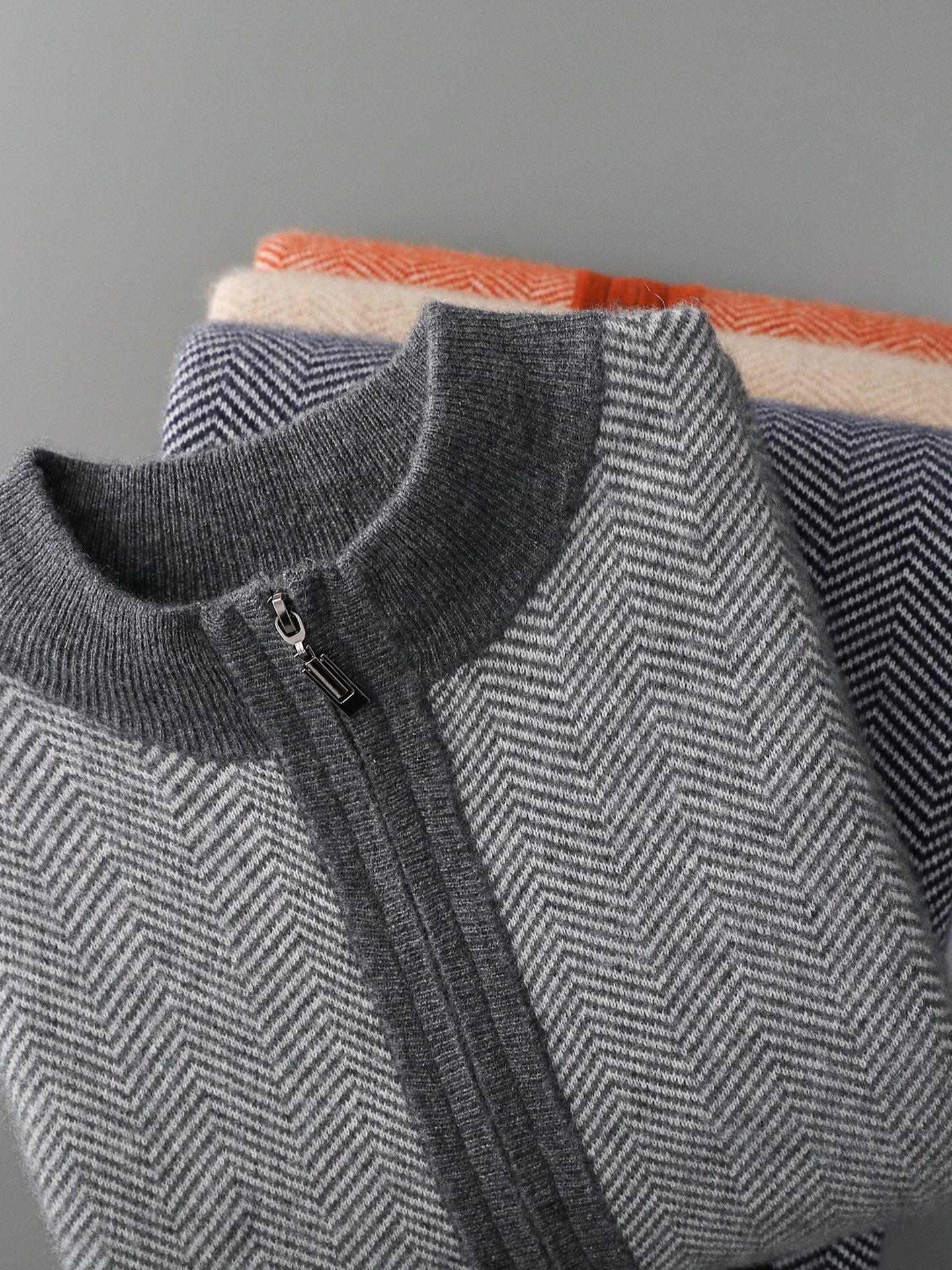 Man 100% Merino Wool Sweater Cardigan Knitted Pants Pencil Trousers Herringbone Color Block Suit Autumn Winter Thick Men's Set