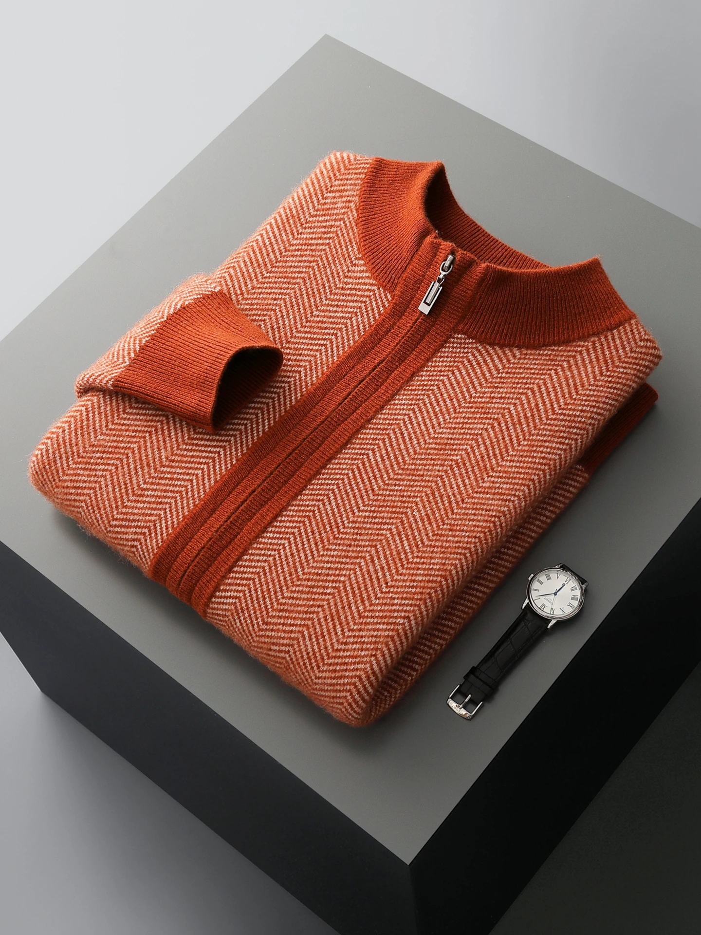 Man 100% Merino Wool Sweater Cardigan Knitted Pants Pencil Trousers Herringbone Color Block Suit Autumn Winter Thick Men's Set