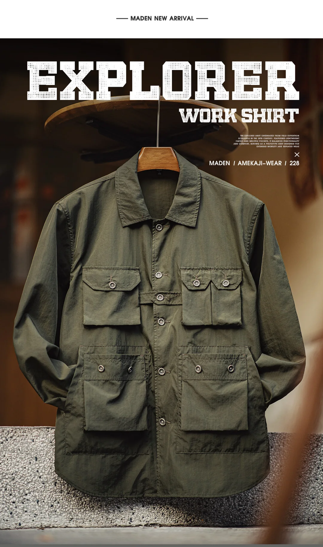 Maden Retro Safari Shirt Lightweight Multi-Pocket Military Green Long Sleeve Single-Breasted Blouse Outdoor Casual Spring Top