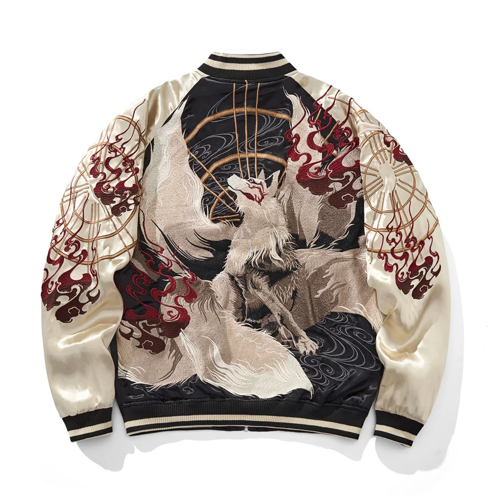 Japanese Style Nine Tailed Fox and Flame Embroidered Jacket 2025 Women Men Baseball Streetwear Harajuku Clothing Autumn Coats