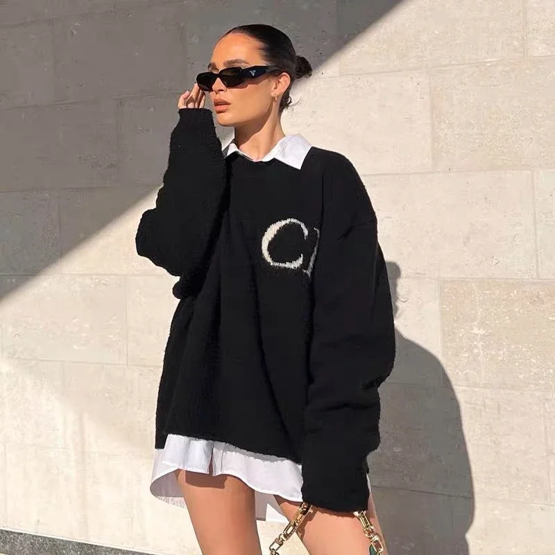 Black White Couple Sweaters High Quality Jacquard CB Knitted Sweatshirts Fashion Oversize Round Neck Pullover Men Women Pants