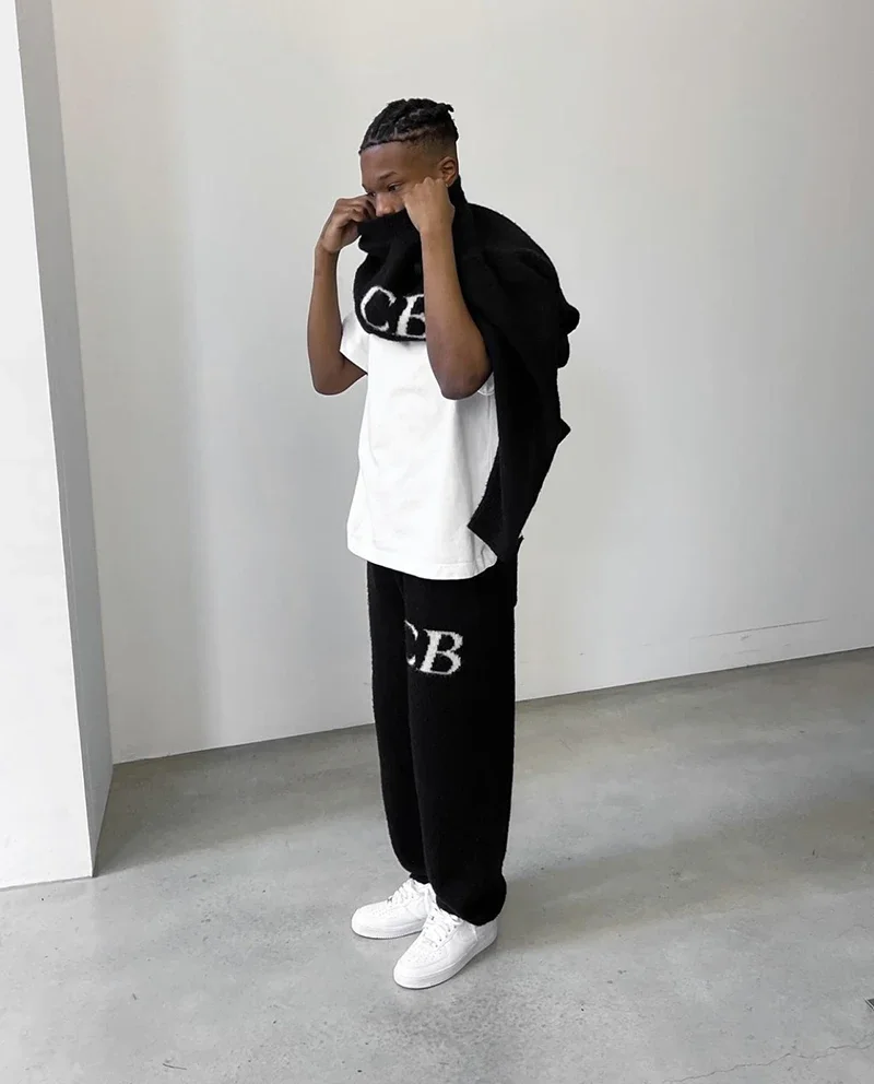 Black White Couple Sweaters High Quality Jacquard CB Knitted Sweatshirts Fashion Oversize Round Neck Pullover Men Women Pants