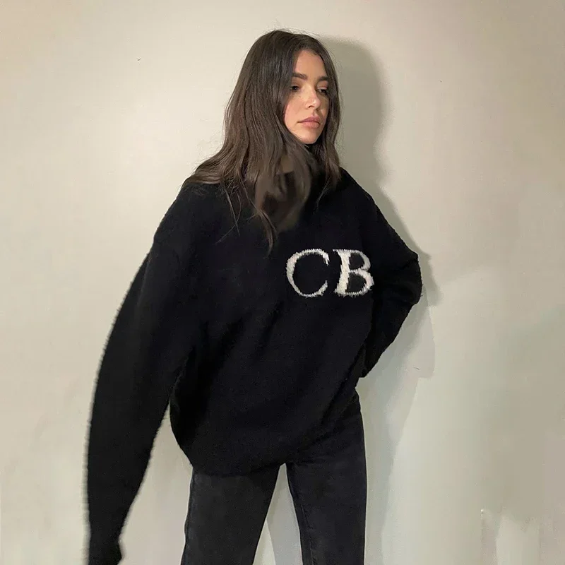 Black White Couple Sweaters High Quality Jacquard CB Knitted Sweatshirts Fashion Oversize Round Neck Pullover Men Women Pants