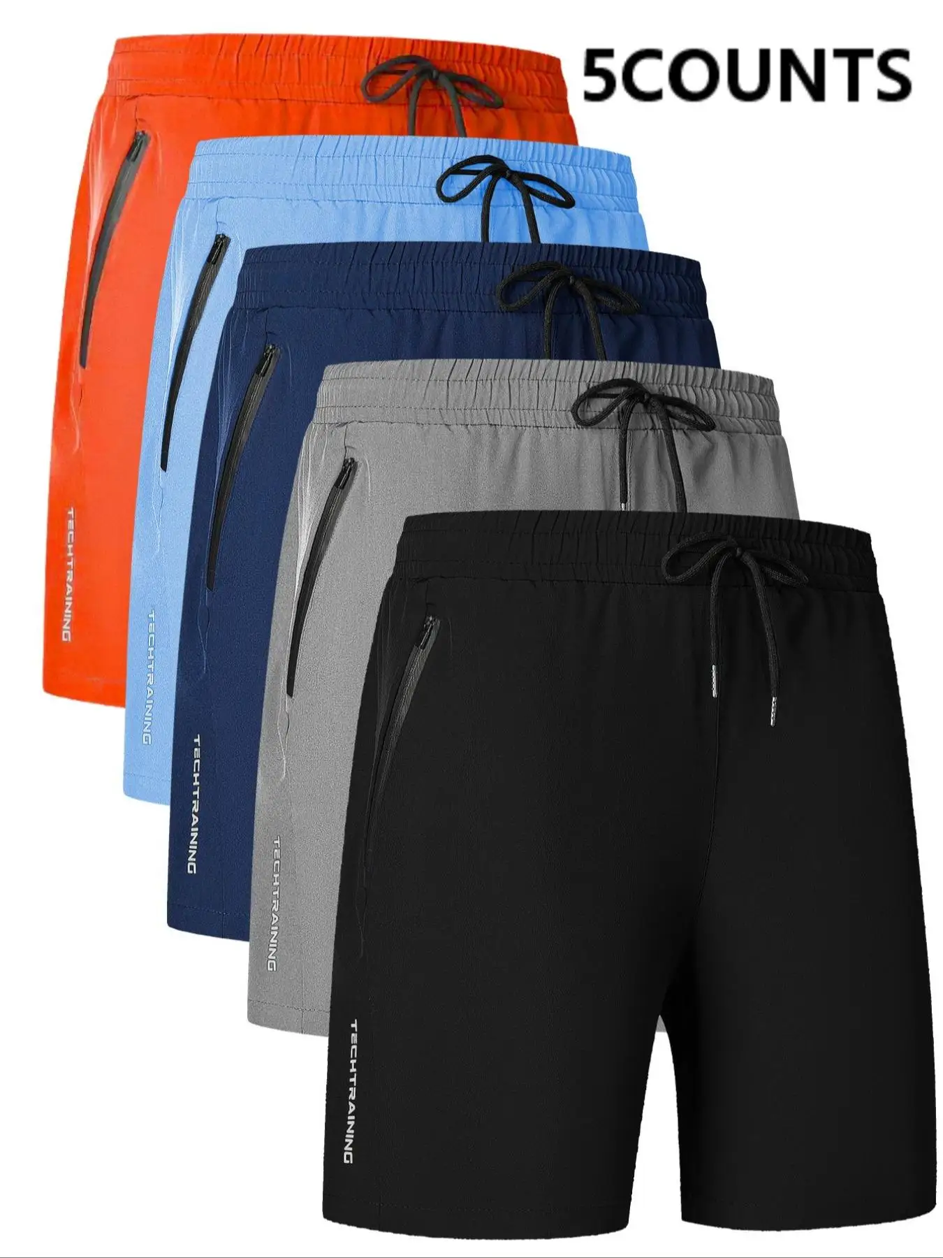 Men's Shorts Five-Pack, Sports, Fitness, Swimming, with Zipper Pockets, Quick-Drying, Casual, Breathable, Drawstring Shorts, Suitable for Summer Outdoor Activities, Fitness Training, Home Leisure, Beach Vacations