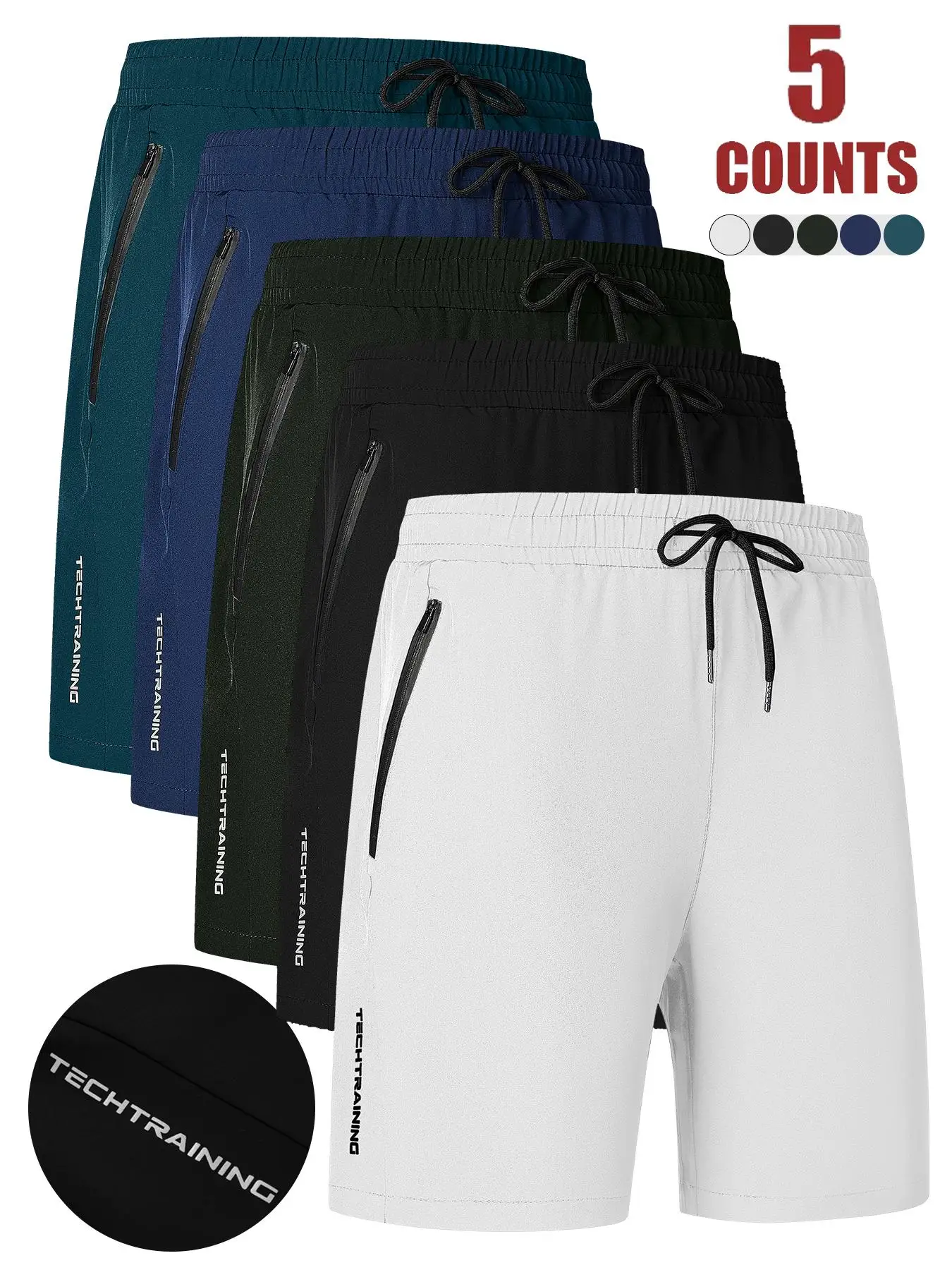 Men's Shorts Five-Pack, Sports, Fitness, Swimming, with Zipper Pockets, Quick-Drying, Casual, Breathable, Drawstring Shorts, Suitable for Summer Outdoor Activities, Fitness Training, Home Leisure, Beach Vacations