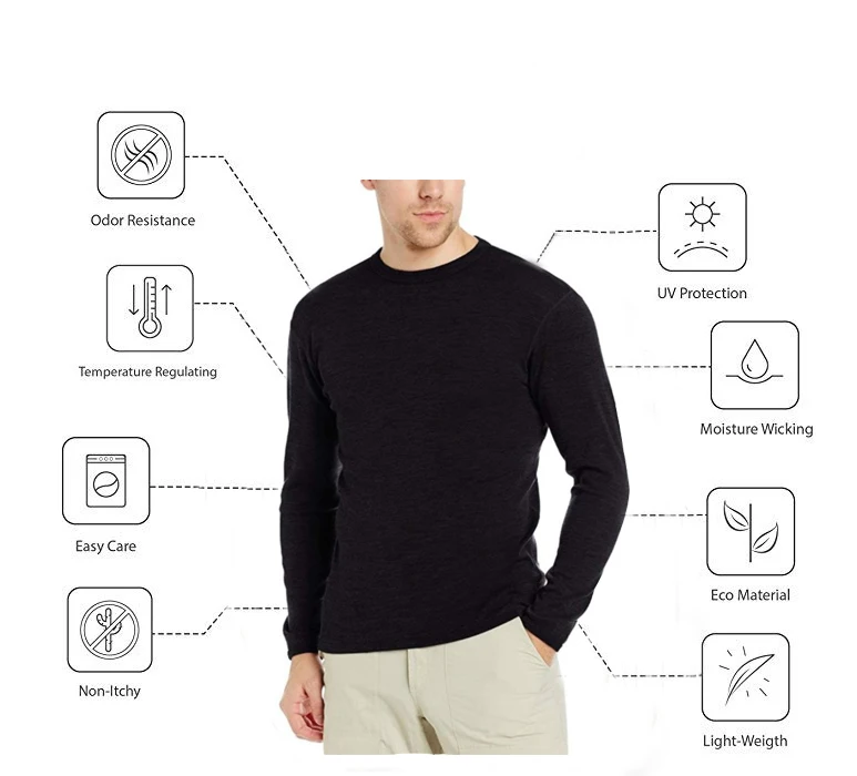 Men's 100% Merino Wool Long Sleeve T-Shirt 200gsm Thermal Base Layer Wicking Breathable Anti-Odor Wool Shirt for Outdoor Activit