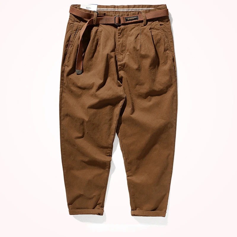 Japanese casual pants with retro loose feet, men's fashionable clothes washed with old khaki elastic woven nine-point tapered pa