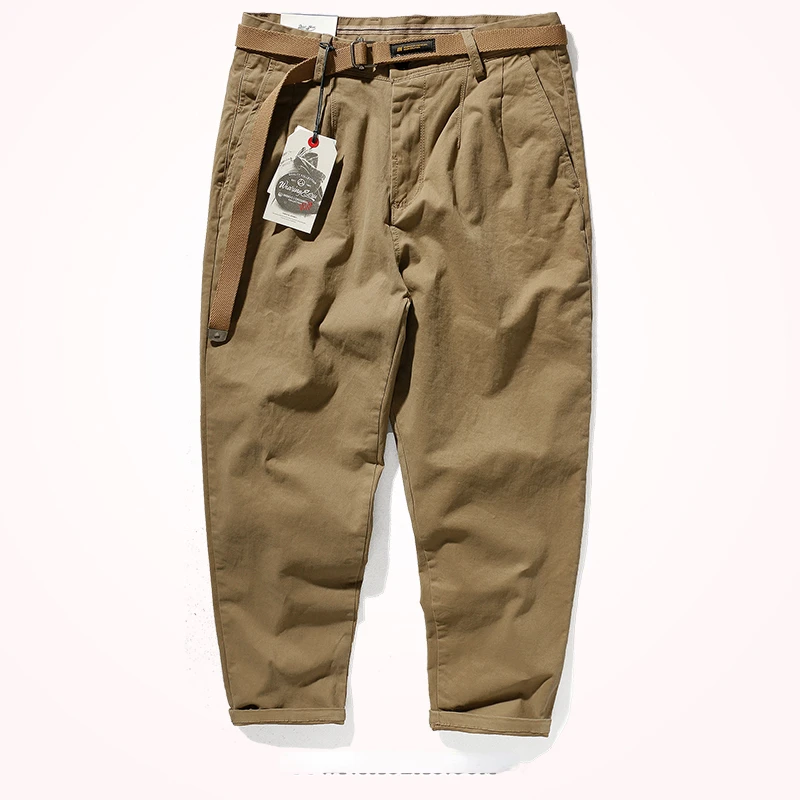 Japanese casual pants with retro loose feet, men's fashionable clothes washed with old khaki elastic woven nine-point tapered pa