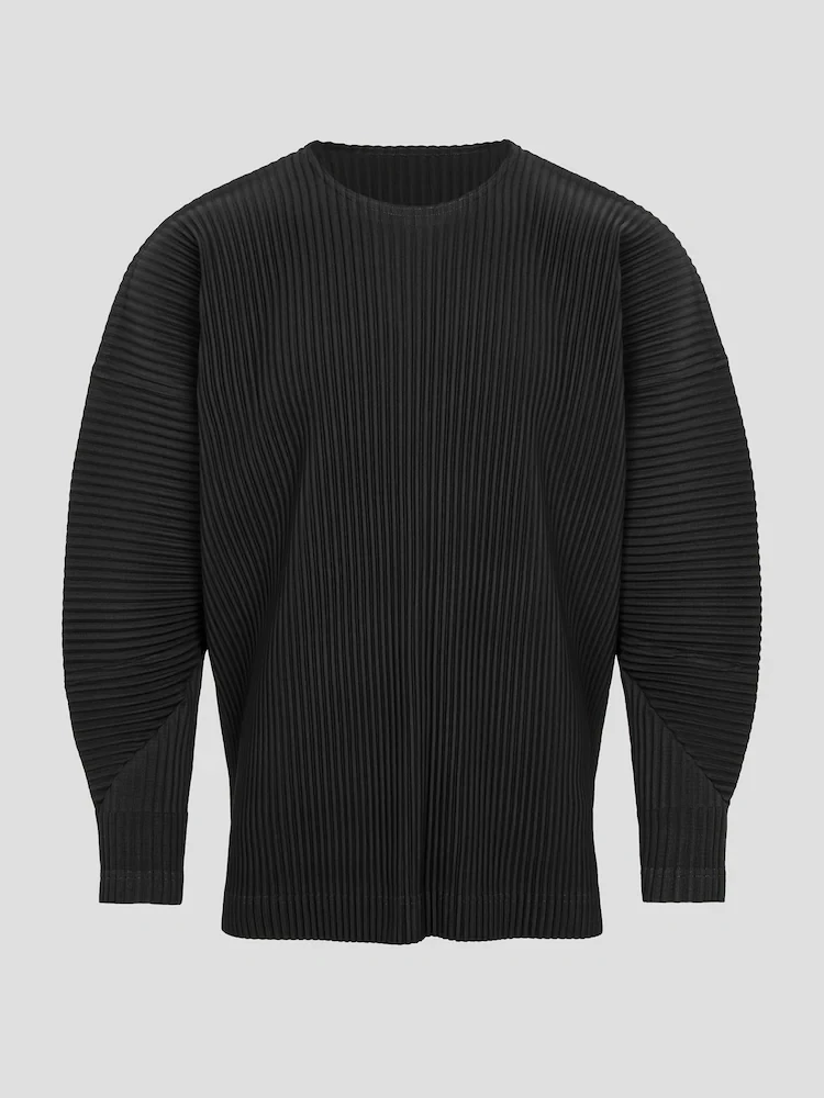 Miyake Pleated Men Long Sleeve Plain Slit Hem T-shirt Full Sleeve Round Collar T Shirt Korean Streetwear Casual Top