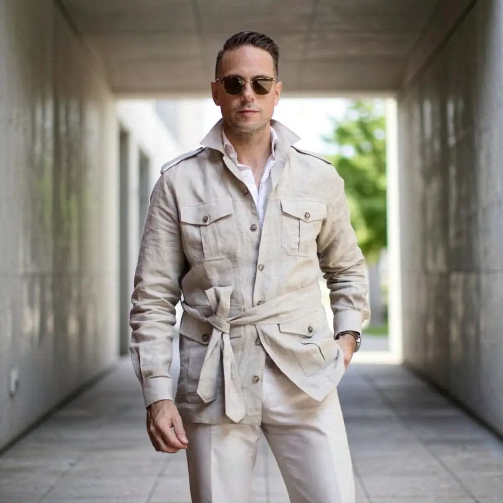 Single Breasted Linen Safari Suits for Men with Belt Two Pieces Outdoor Casual Wedding Suit for Prom Countryside Style 2026