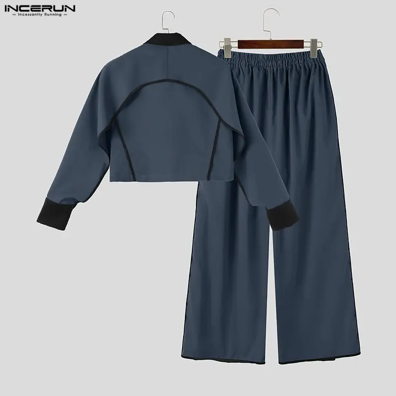 INCERUN Men Sets Patchwork Color-block Split Long Sleeve Crop Jackets Wide Leg Pants Two Piece Sets Streetwear Men Matching Sets