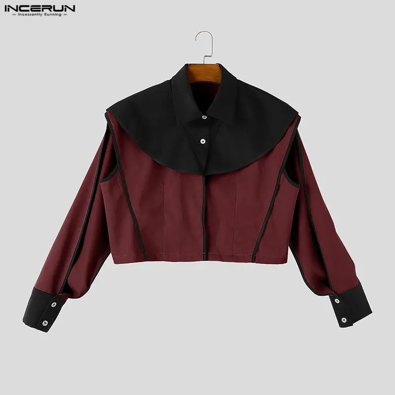 INCERUN Men Sets Patchwork Color-block Split Long Sleeve Crop Jackets Wide Leg Pants Two Piece Sets Streetwear Men Matching Sets