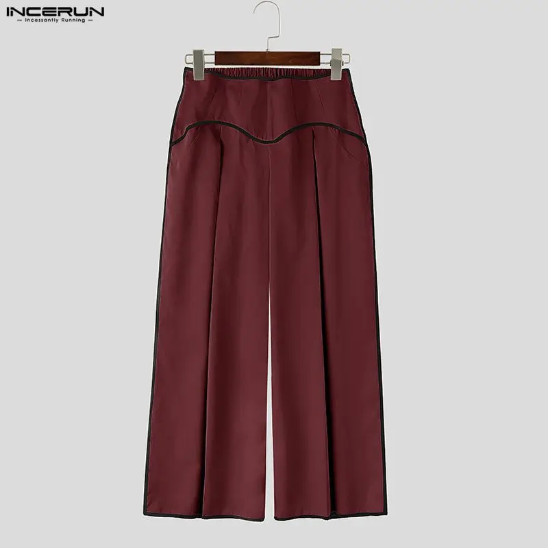 INCERUN Men Sets Patchwork Color-block Split Long Sleeve Crop Jackets Wide Leg Pants Two Piece Sets Streetwear Men Matching Sets