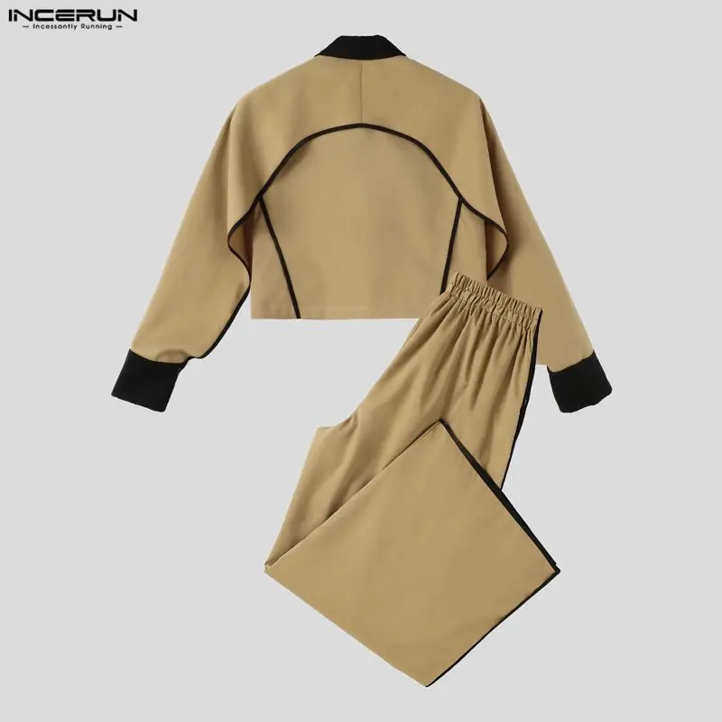INCERUN Men Sets Patchwork Color-block Split Long Sleeve Crop Jackets Wide Leg Pants Two Piece Sets Streetwear Men Matching Sets