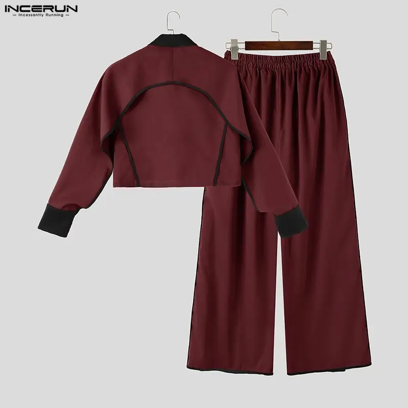INCERUN Men Sets Patchwork Color-block Split Long Sleeve Crop Jackets Wide Leg Pants Two Piece Sets Streetwear Men Matching Sets