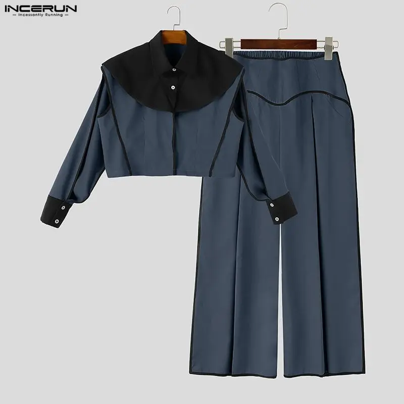 INCERUN Men Sets Patchwork Color-block Split Long Sleeve Crop Jackets Wide Leg Pants Two Piece Sets Streetwear Men Matching Sets
