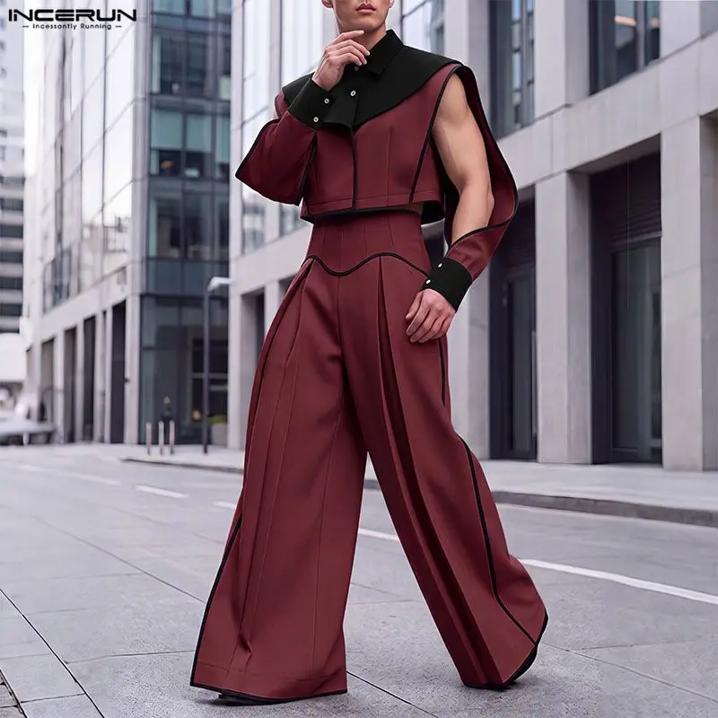 INCERUN Men Sets Patchwork Color-block Split Long Sleeve Crop Jackets Wide Leg Pants Two Piece Sets Streetwear Men Matching Sets