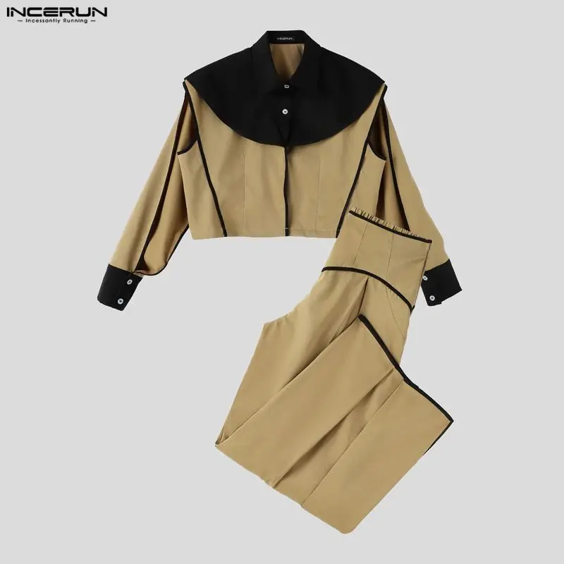 INCERUN Men Sets Patchwork Color-block Split Long Sleeve Crop Jackets Wide Leg Pants Two Piece Sets Streetwear Men Matching Sets