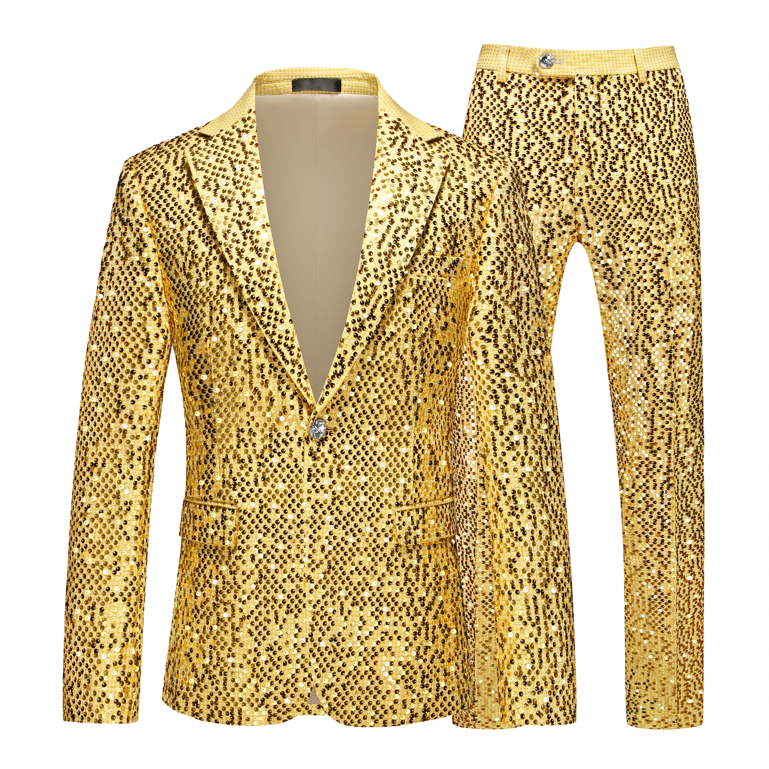 Men's Gold Sequin Slim Fashion Suit Two Piece Set, Stage Performance, Host Costume. Top+Pants