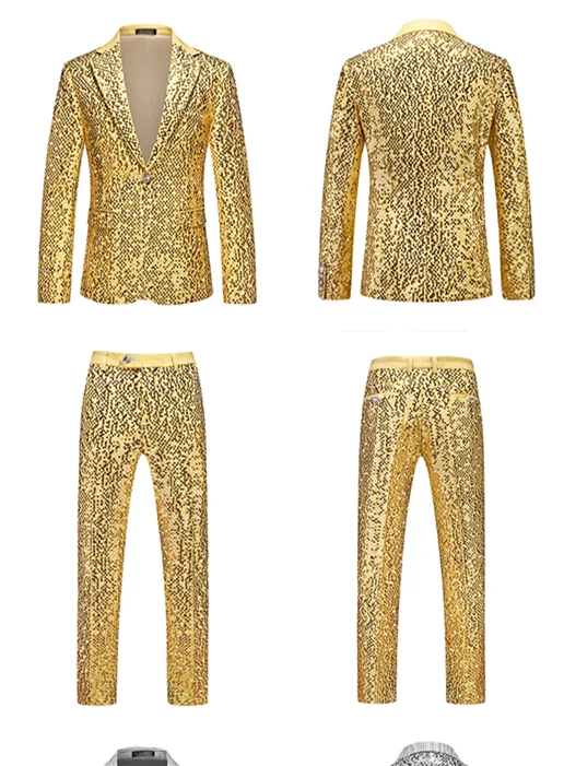 Men's Gold Sequin Slim Fashion Suit Two Piece Set, Stage Performance, Host Costume. Top+Pants
