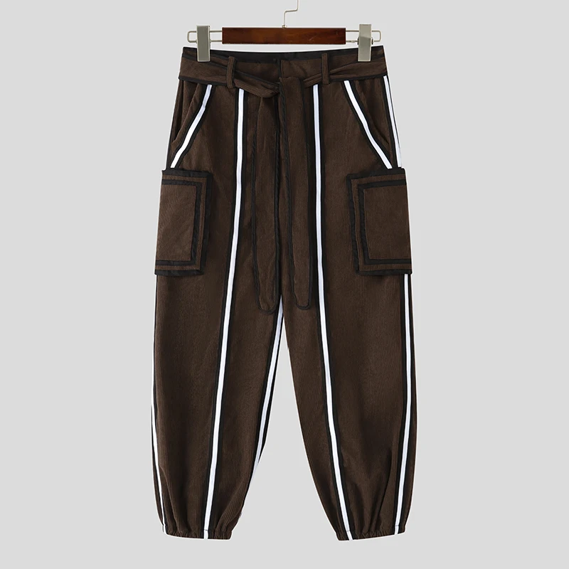 INCERUN Men Pants Patchwork Lace Up Pockets Corduroy Trousers Men Streetwear Loose Joggers 2025 Fashion Casual Long Pants S-5XL