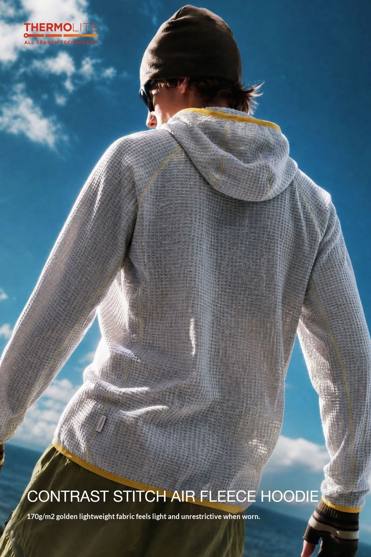 THERMOLITE® Men's Lightweight Air Fleece Hoodie Contrast Stitch Thermal Pullover Sweatshirt Quick Dry Outdoor Athletic Tech Top