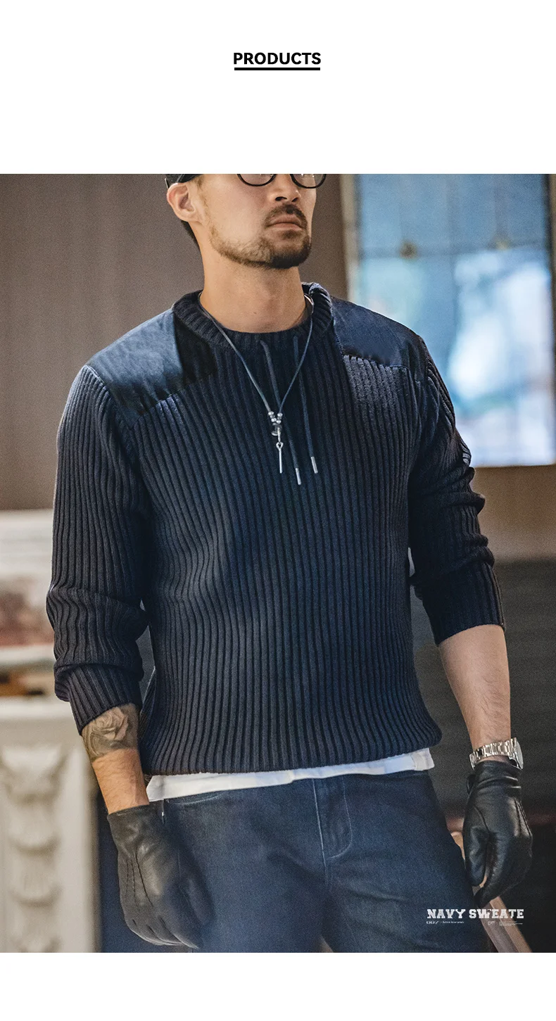 Maden Vertical Stripe Sweater O-Neck Slim Fit Men’s Retro Knitted Pullover Patch Stitching Design Classic Sweaters Men Clothing