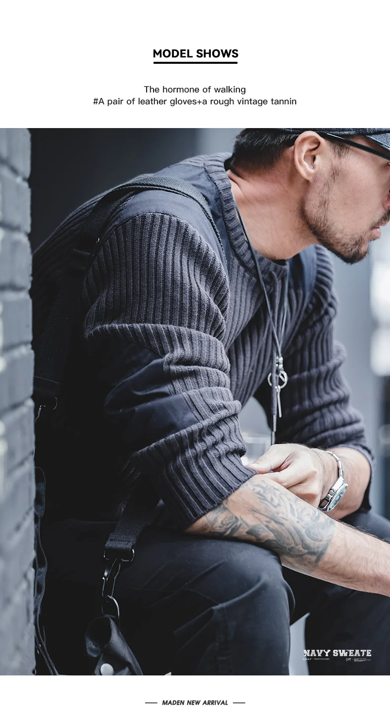 Maden Vertical Stripe Sweater O-Neck Slim Fit Men’s Retro Knitted Pullover Patch Stitching Design Classic Sweaters Men Clothing
