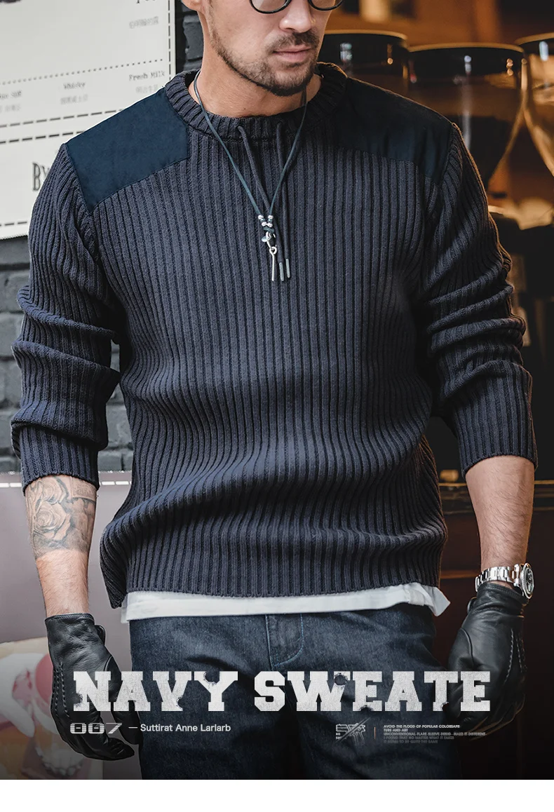 Maden Vertical Stripe Sweater O-Neck Slim Fit Men’s Retro Knitted Pullover Patch Stitching Design Classic Sweaters Men Clothing