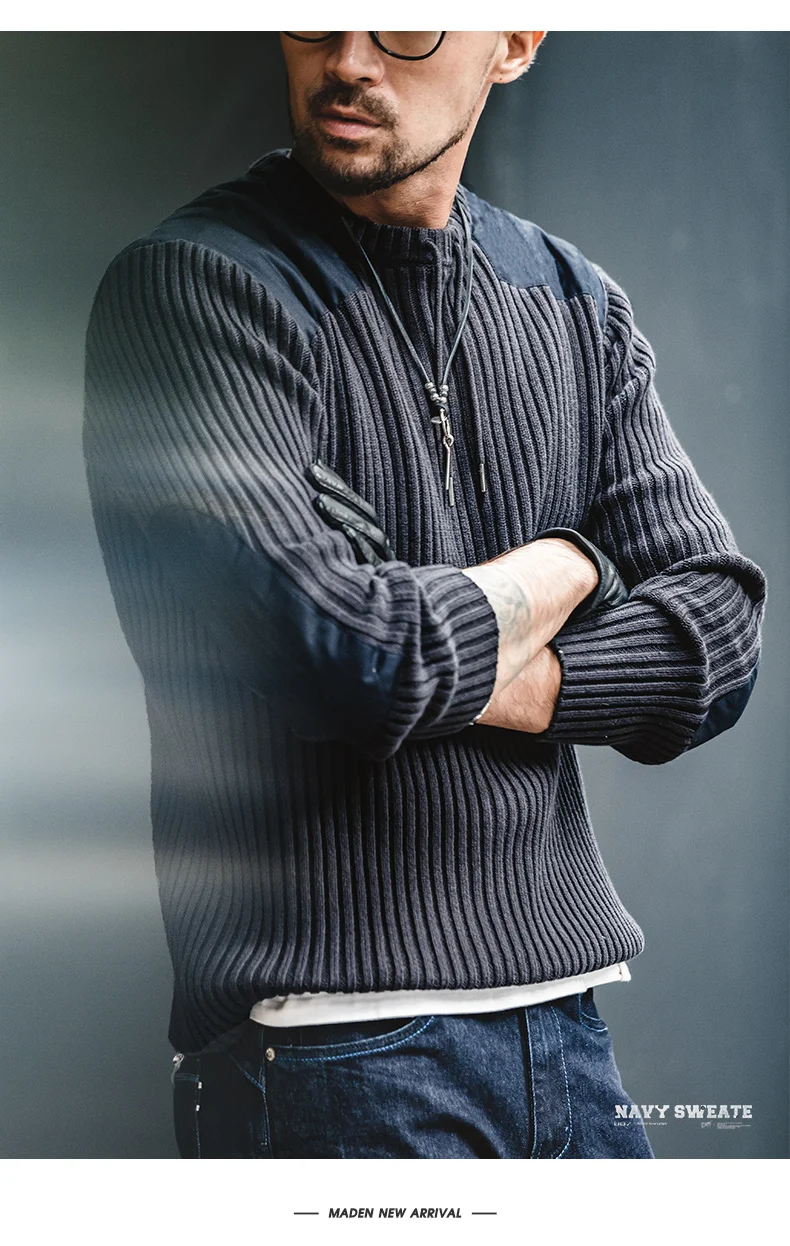 Maden Vertical Stripe Sweater O-Neck Slim Fit Men’s Retro Knitted Pullover Patch Stitching Design Classic Sweaters Men Clothing