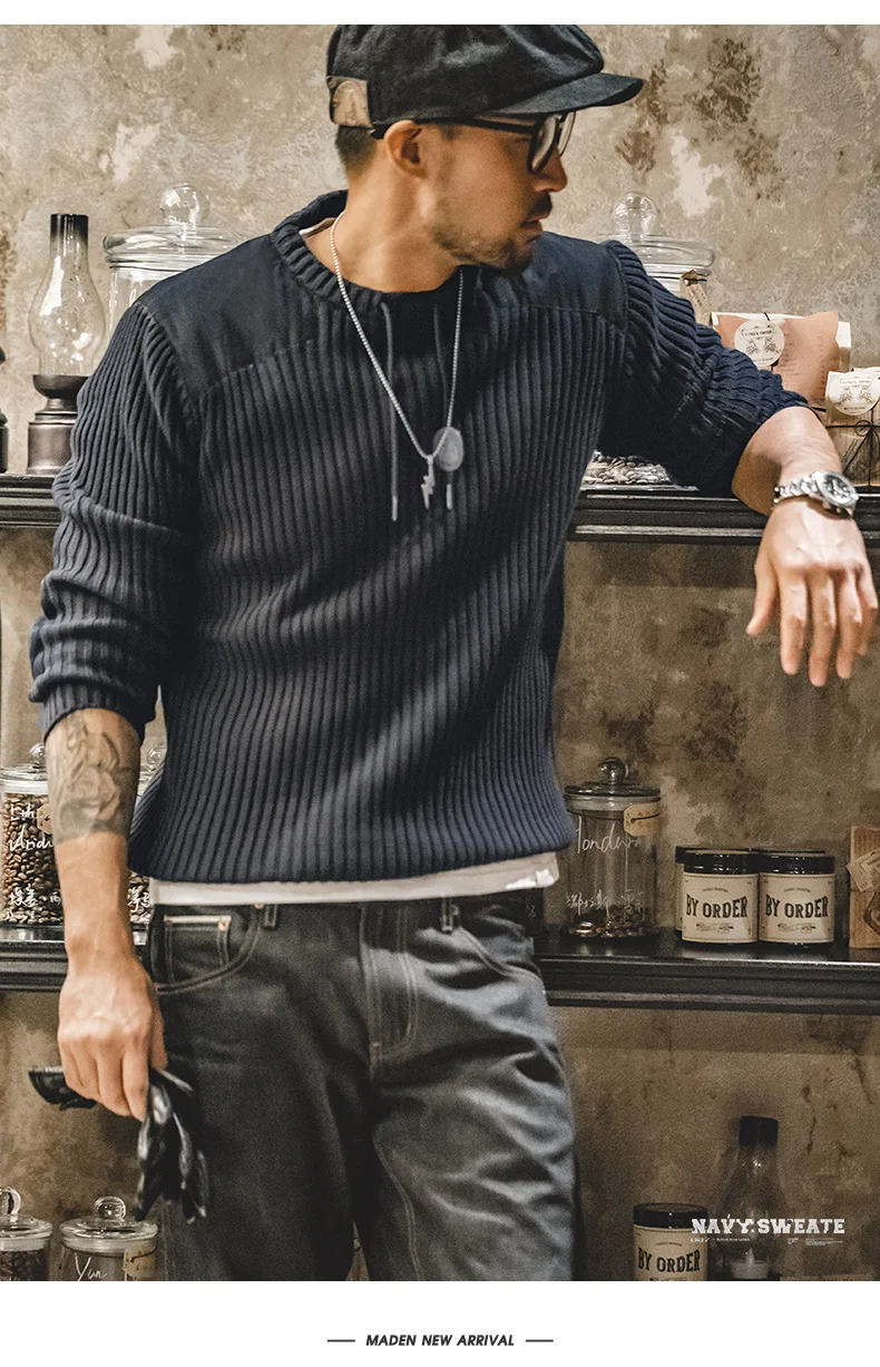 Maden Vertical Stripe Sweater O-Neck Slim Fit Men’s Retro Knitted Pullover Patch Stitching Design Classic Sweaters Men Clothing