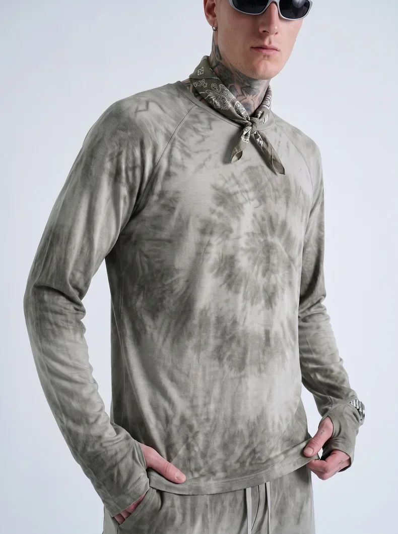 Men's New Zealand Merino Wool Tie-Dye Long Sleeve Base Soft Anti-Odor Outdoor Thermal Top for Hiking & Running