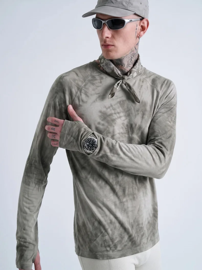 Men's New Zealand Merino Wool Tie-Dye Long Sleeve Base Soft Anti-Odor Outdoor Thermal Top for Hiking & Running