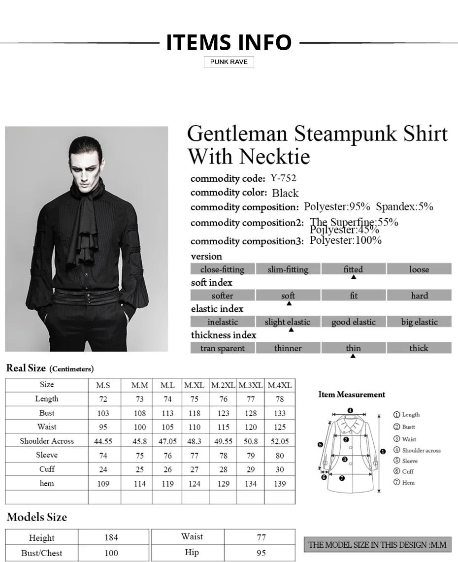 PUNK RAVE Steampunk Gentleman Necktie Shirts Gothic Black Silk Ties Big Balloon Sleeves Men Ruffle Blouses Clothing Party