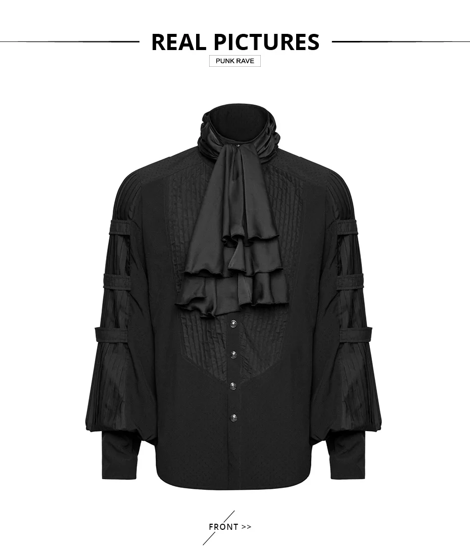 PUNK RAVE Steampunk Gentleman Necktie Shirts Gothic Black Silk Ties Big Balloon Sleeves Men Ruffle Blouses Clothing Party