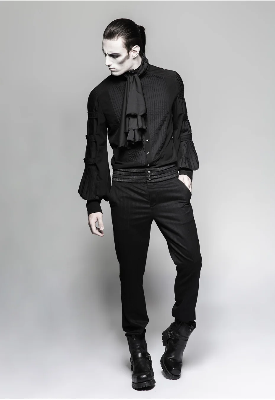 PUNK RAVE Steampunk Gentleman Necktie Shirts Gothic Black Silk Ties Big Balloon Sleeves Men Ruffle Blouses Clothing Party