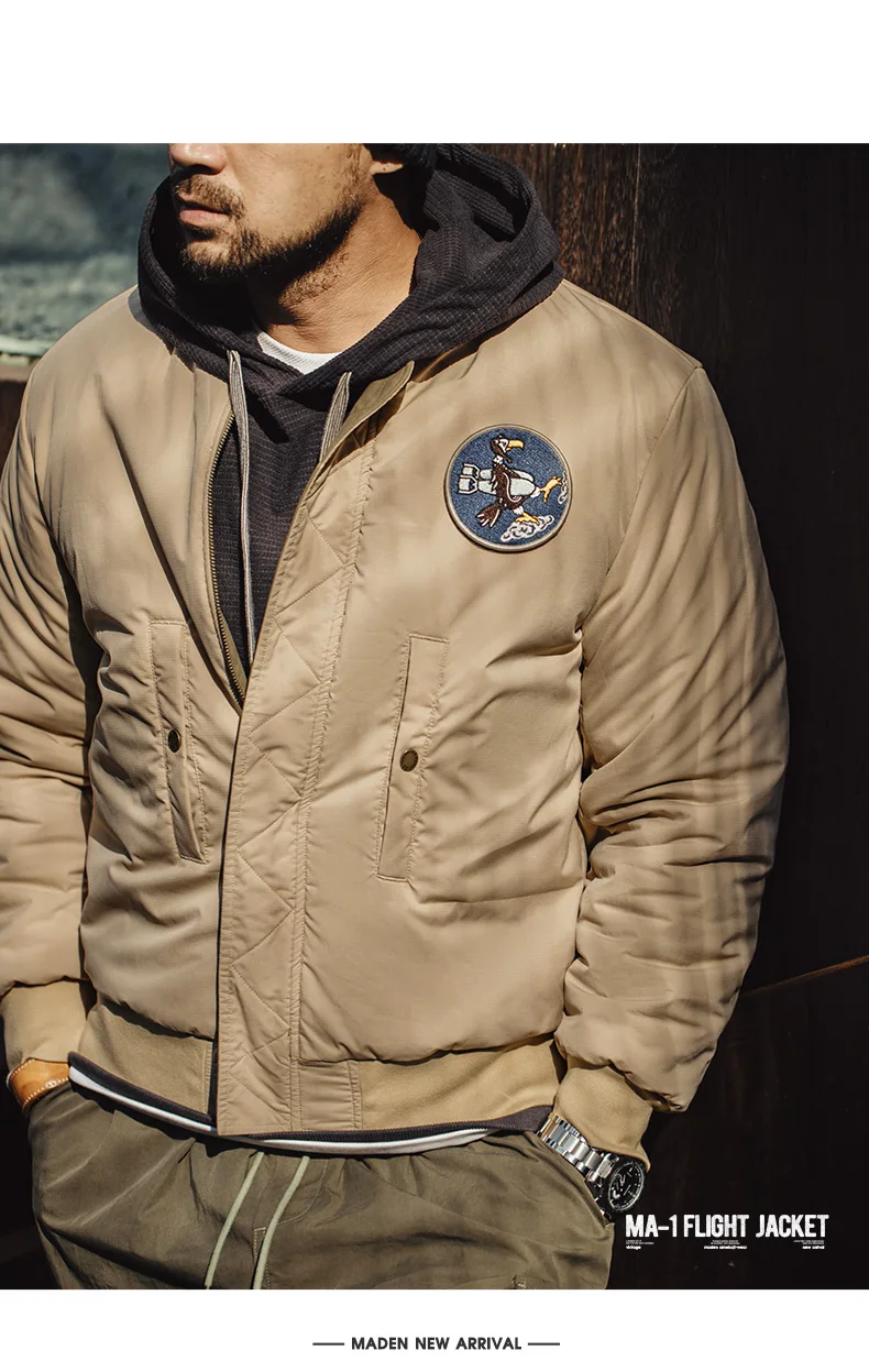 Maden Reversible MA-1 Flight Jackets for Men Baseball Collar Small Square Texture Fall and Winter Thickened Coats Cotton Jacket