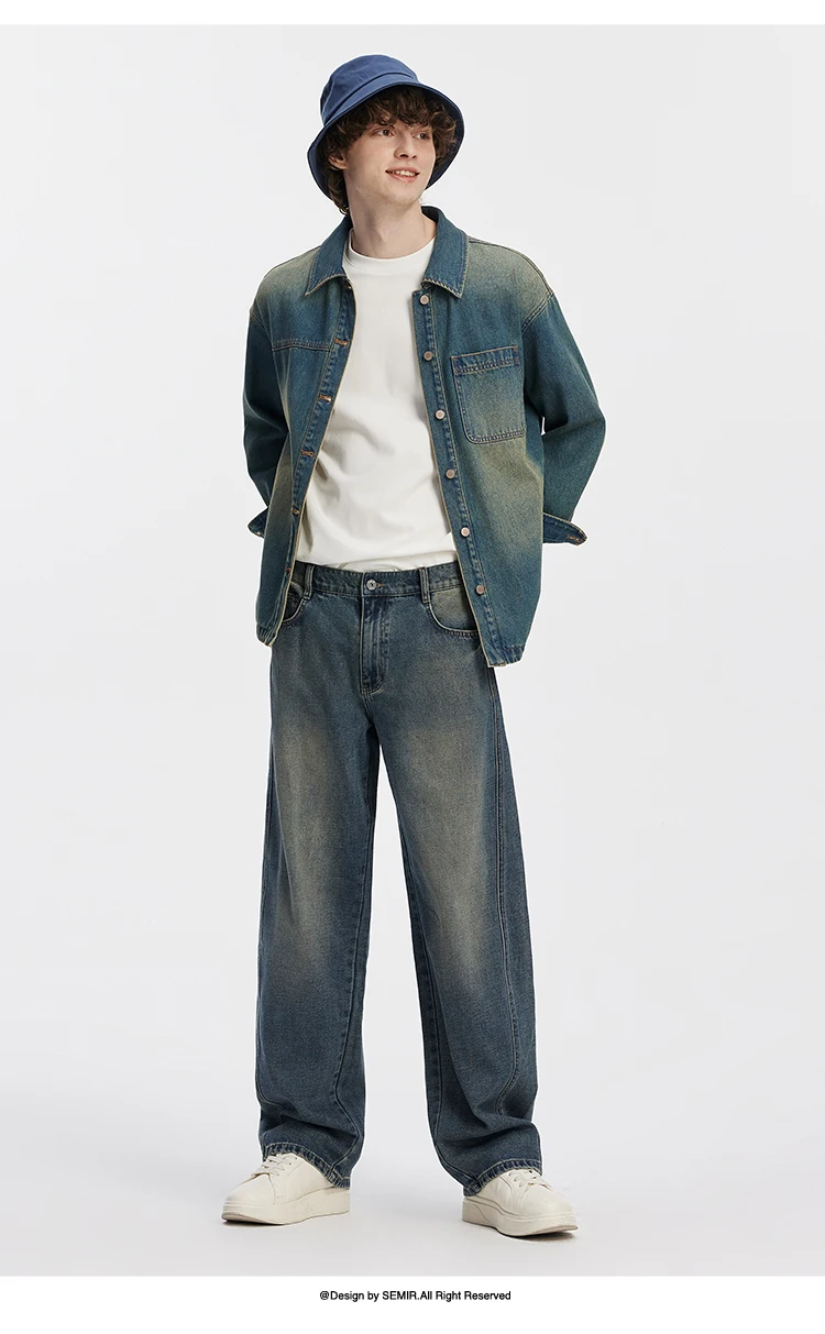 Semir Men Jeans Loose Curved Barrel Leg Retro Washed Street Casual Style Autumn Denim Pants Urban Daily Wear 2026