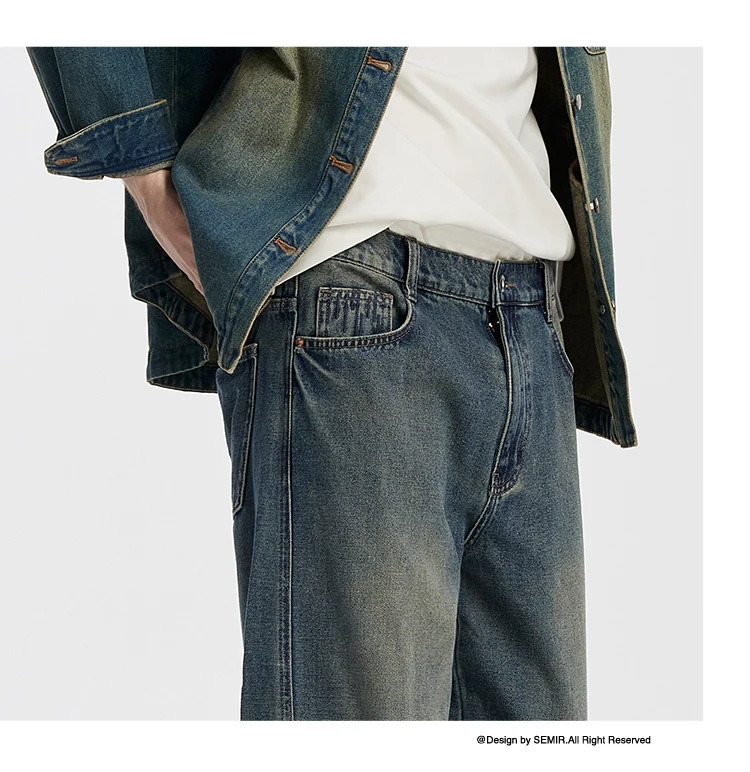 Semir Men Jeans Loose Curved Barrel Leg Retro Washed Street Casual Style Autumn Denim Pants Urban Daily Wear 2026