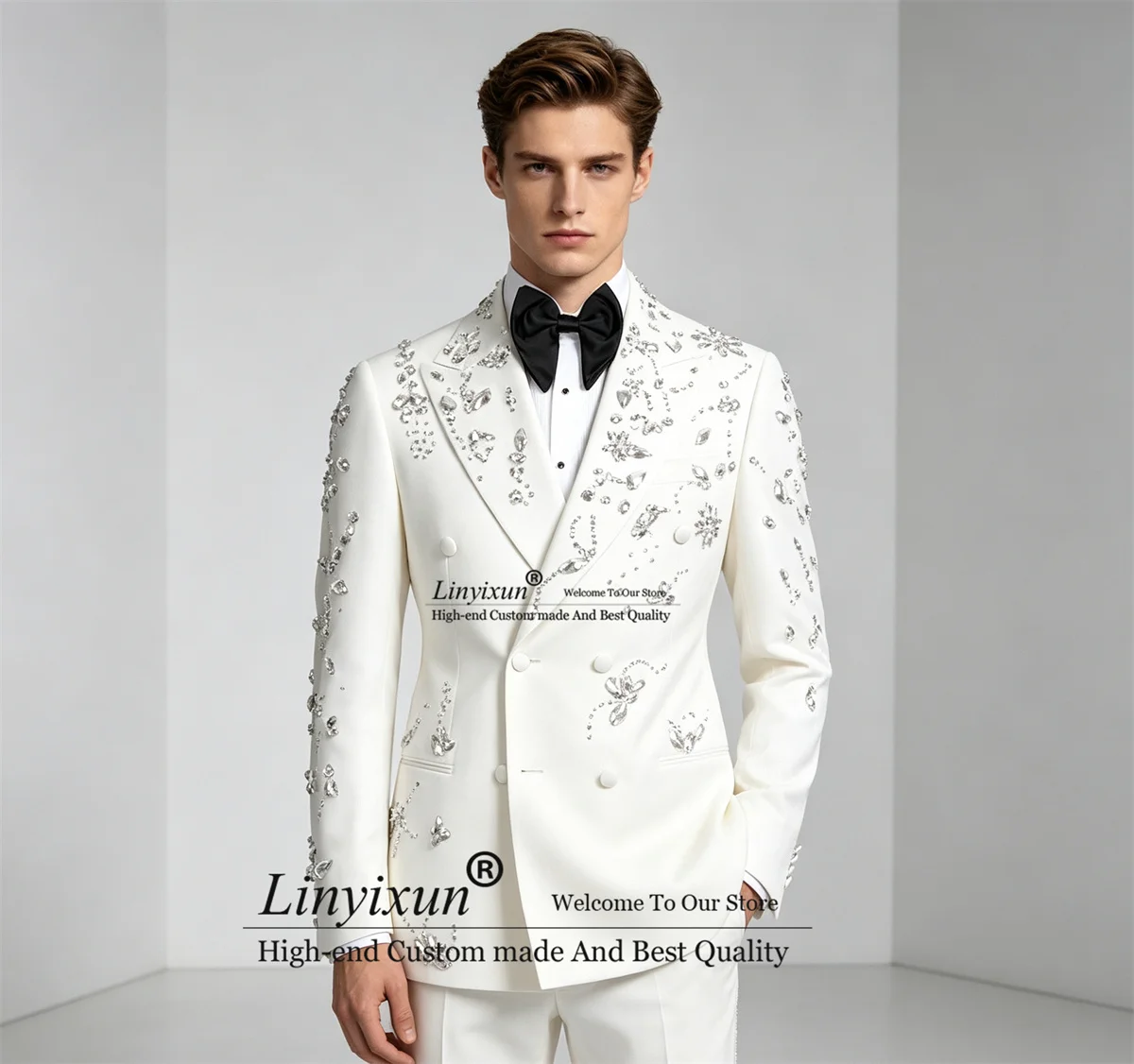 Luxury Crystal Diamond Men Suits Peaked Lapel Groom Male Prom Blazers 2 Pieces Sets Wedding Party Tuxedos Slim Fit ropa hombre