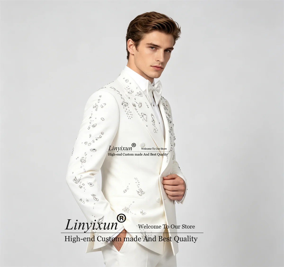 Luxury Crystal Diamond Men Suits Peaked Lapel Groom Male Prom Blazers 2 Pieces Sets Wedding Party Tuxedos Slim Fit ropa hombre