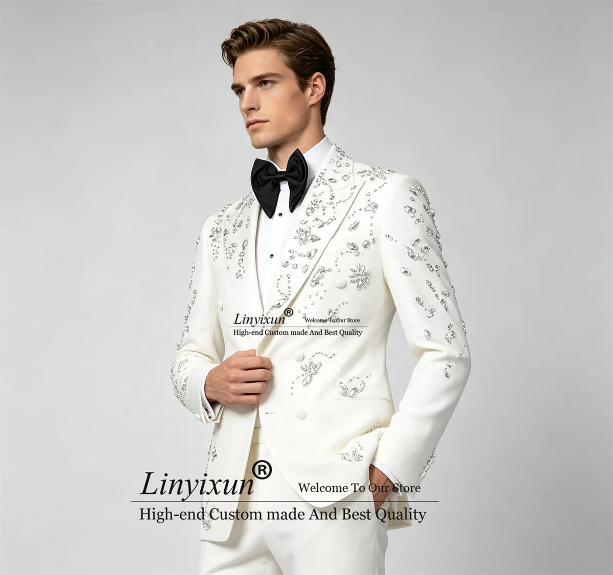 Luxury Crystal Diamond Men Suits Peaked Lapel Groom Male Prom Blazers 2 Pieces Sets Wedding Party Tuxedos Slim Fit ropa hombre
