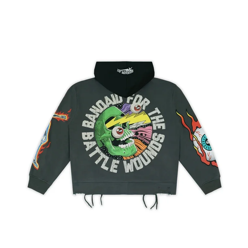 Men Street Hip Hop Retro Washed Black Rough Play Casual Sets American Style Skull Print Hooded Sweatshirt Shorts Two Piece Sets