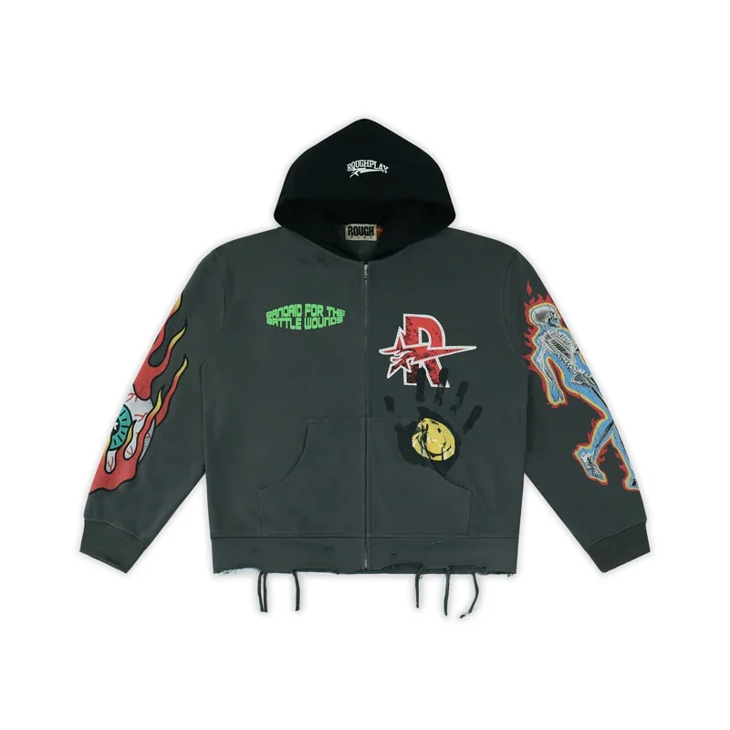 Men Street Hip Hop Retro Washed Black Rough Play Casual Sets American Style Skull Print Hooded Sweatshirt Shorts Two Piece Sets