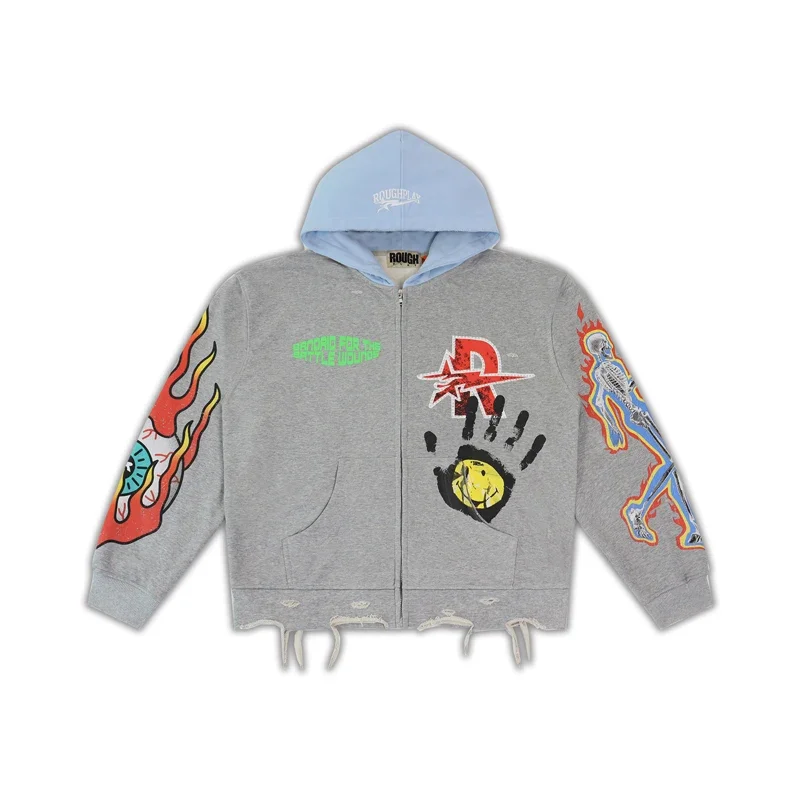 Men Street Hip Hop Retro Washed Black Rough Play Casual Sets American Style Skull Print Hooded Sweatshirt Shorts Two Piece Sets