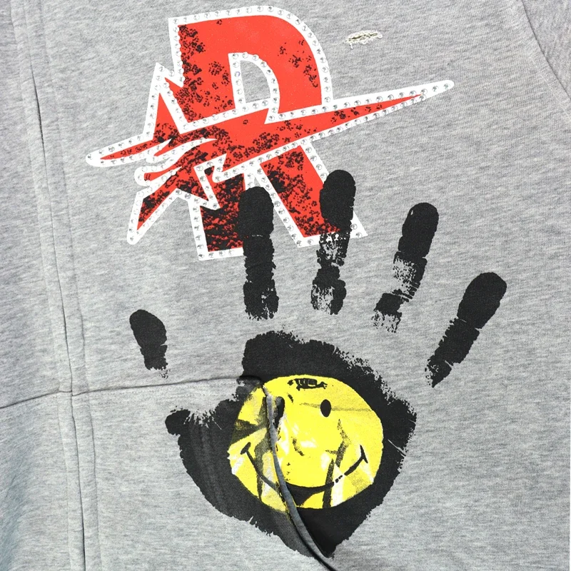 Men Street Hip Hop Retro Washed Black Rough Play Casual Sets American Style Skull Print Hooded Sweatshirt Shorts Two Piece Sets