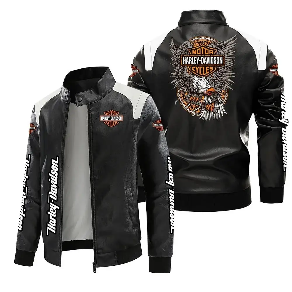 Harley Davidson Men Autumn Winter Fleece-lined Leather Jacket Motorcycle Waterproof Coat Outdoors Fashion Keep Warm Thick Tops