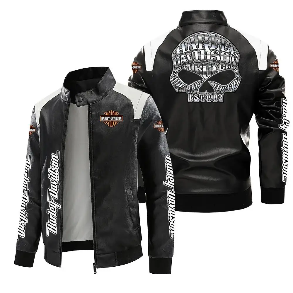Harley Davidson Men Autumn Winter Fleece-lined Leather Jacket Motorcycle Waterproof Coat Outdoors Fashion Keep Warm Thick Tops